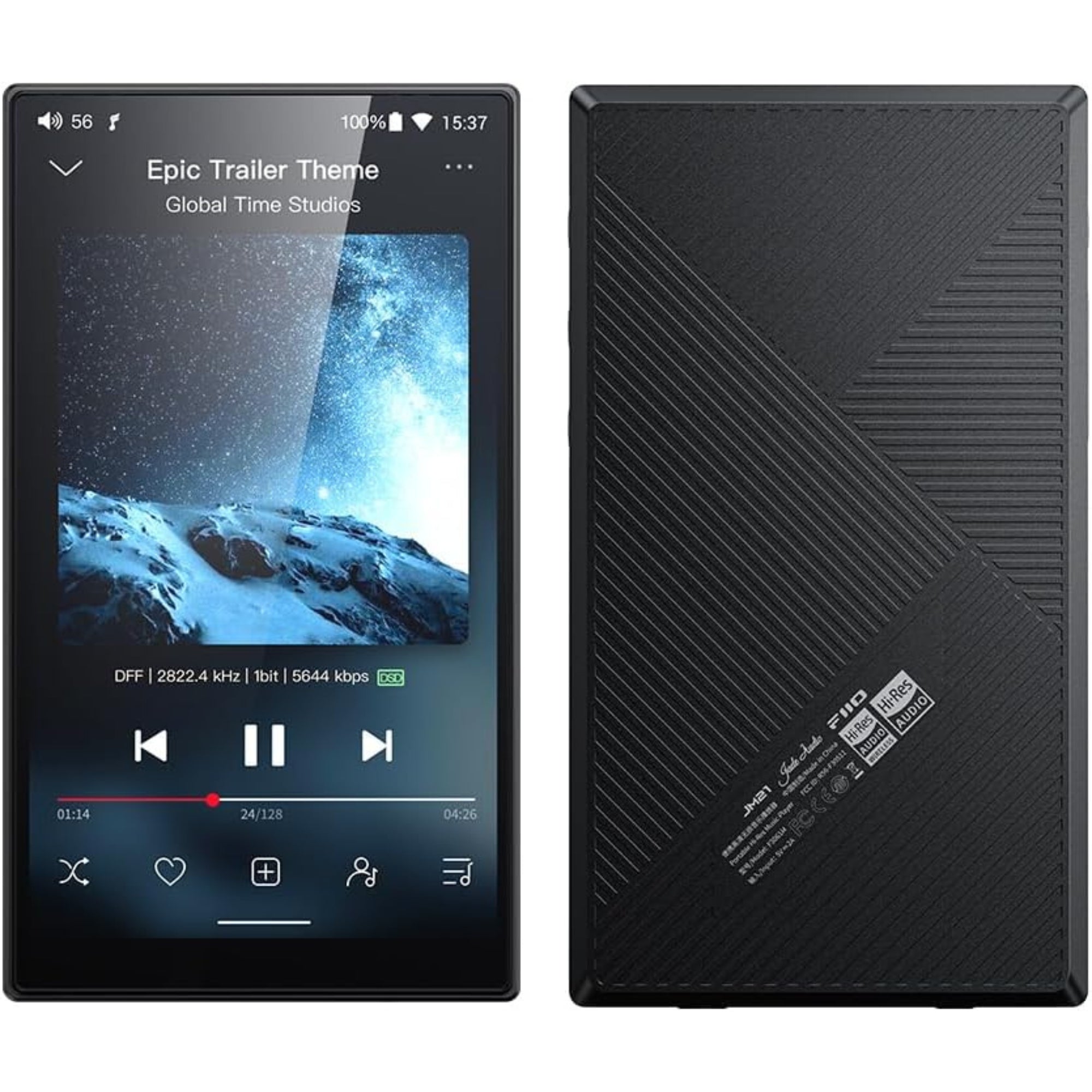 FiiO JM21 portable music player, black front and back view