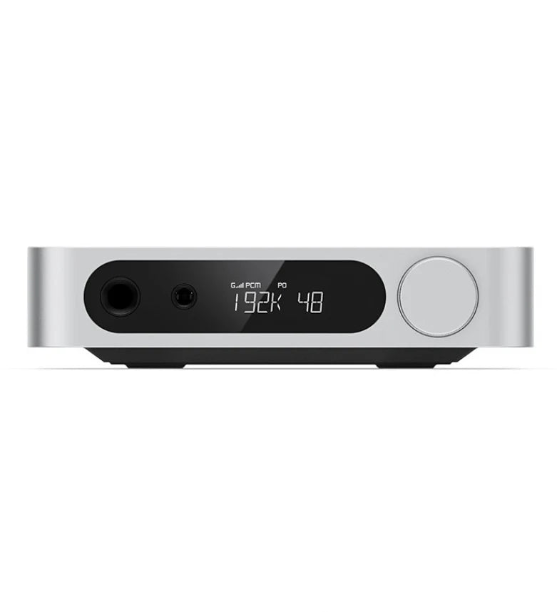 FiiO K11 headphone amplifier and DAC, in silver, front view