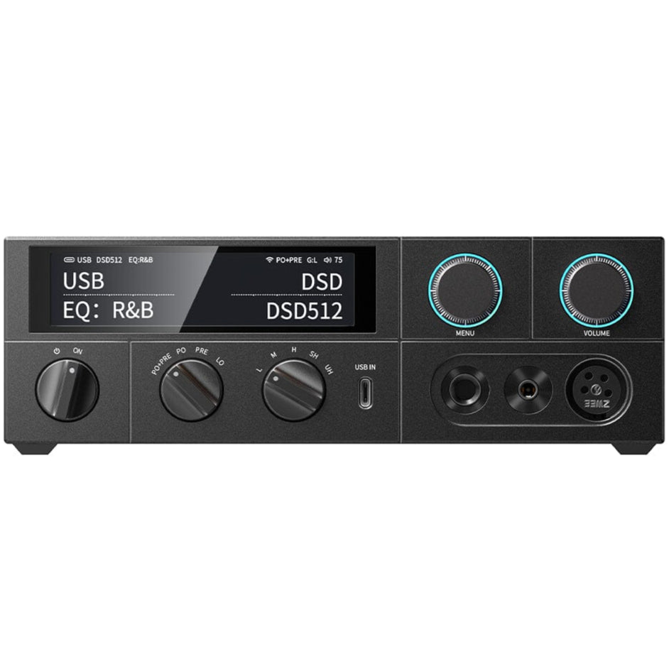 FiiO K15 headphone amplifier and DAC with AK4497S2 chip, featuring a sleek design and multiple input/output ports.