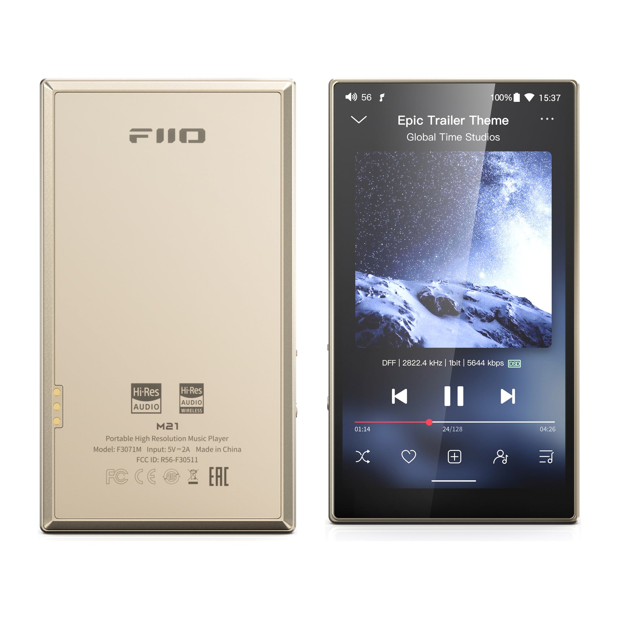 FiiO M21 portable music player, in gold, front and back view