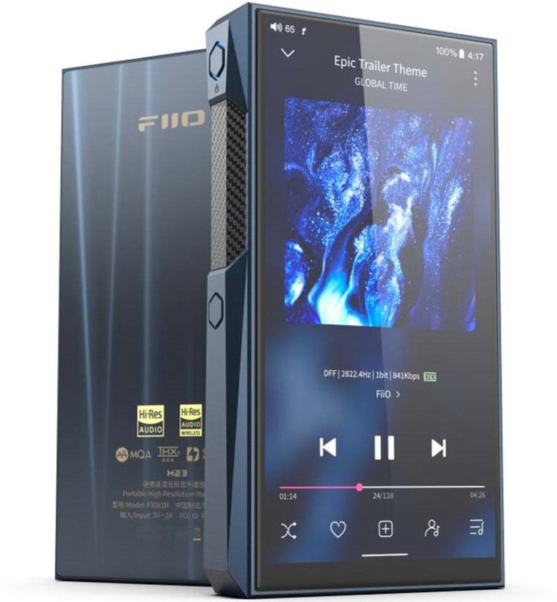 FiiO M23 portable music player with high-resolution display and sleek black design, showcasing its front view.