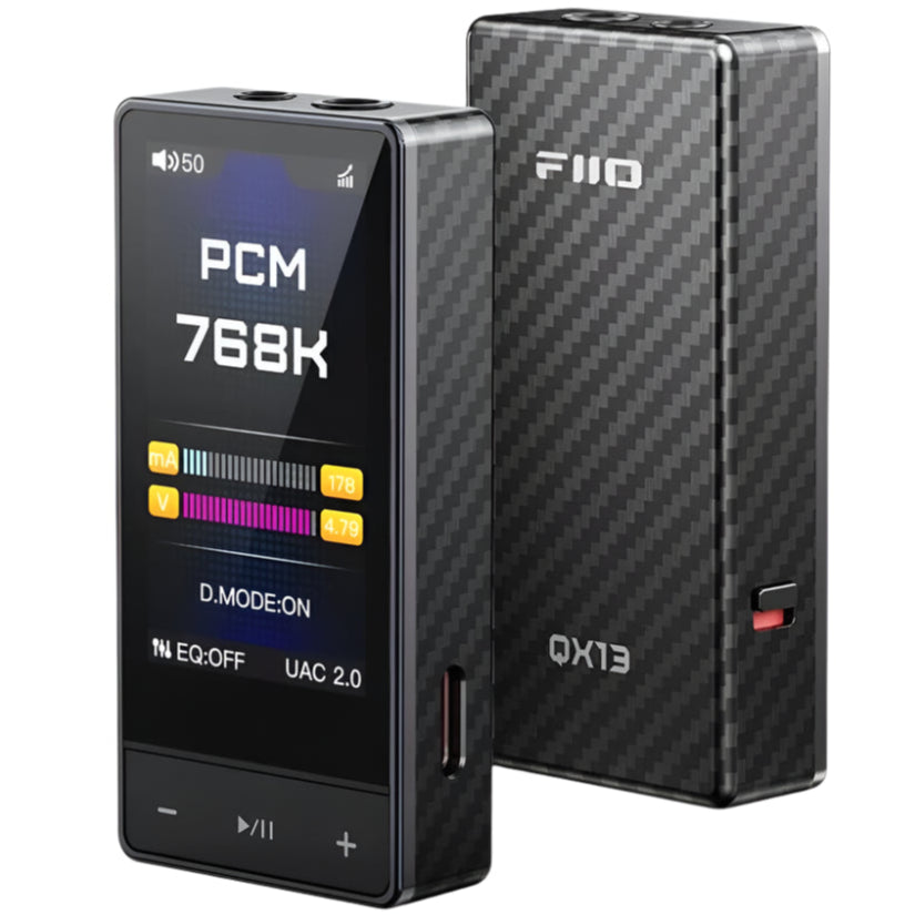 FiiO QX13 portable DAC and headphone amplifier with ES9027PRO chip, compact design for high-quality audio enhancement.