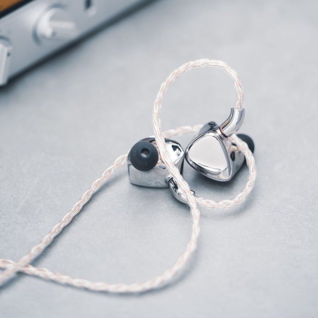 FiiO FX17 in-ear headphones with black ear tips and sleek cable design, close-up view showing detailed earphone components.