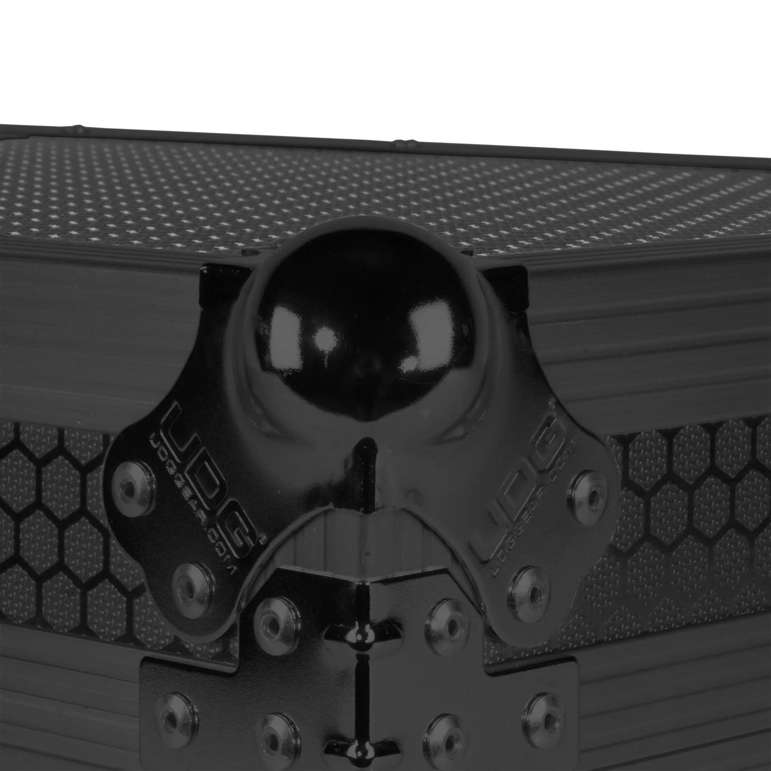 UDG Ultimate Flight Case AlphaTheta DDJ-GRV6 black DJ flight case with laptop shelf and steel ball corners.