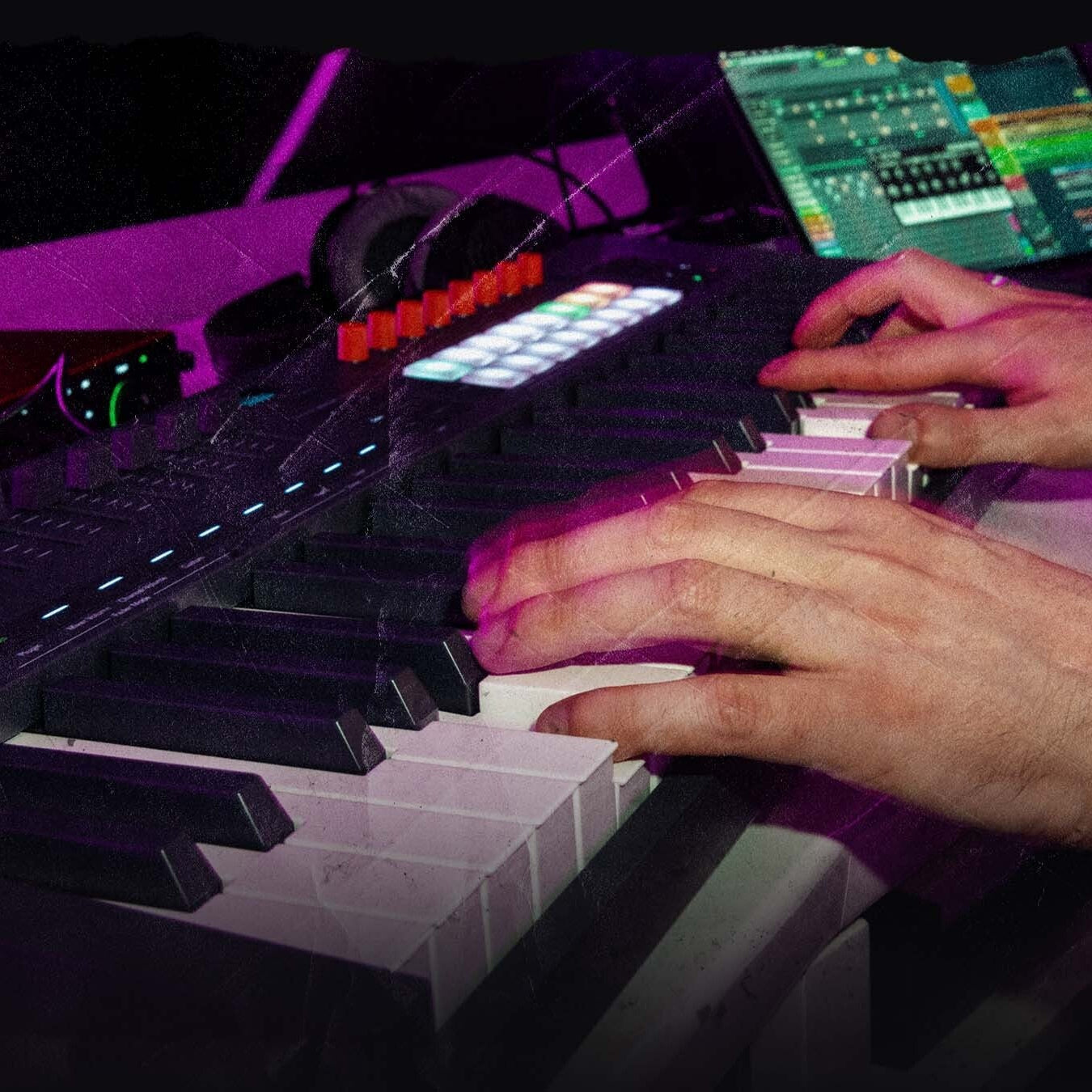 Novation FLkey 2 49 MIDI keyboard controller with black keys and compact design, shown in a lifestyle setting.