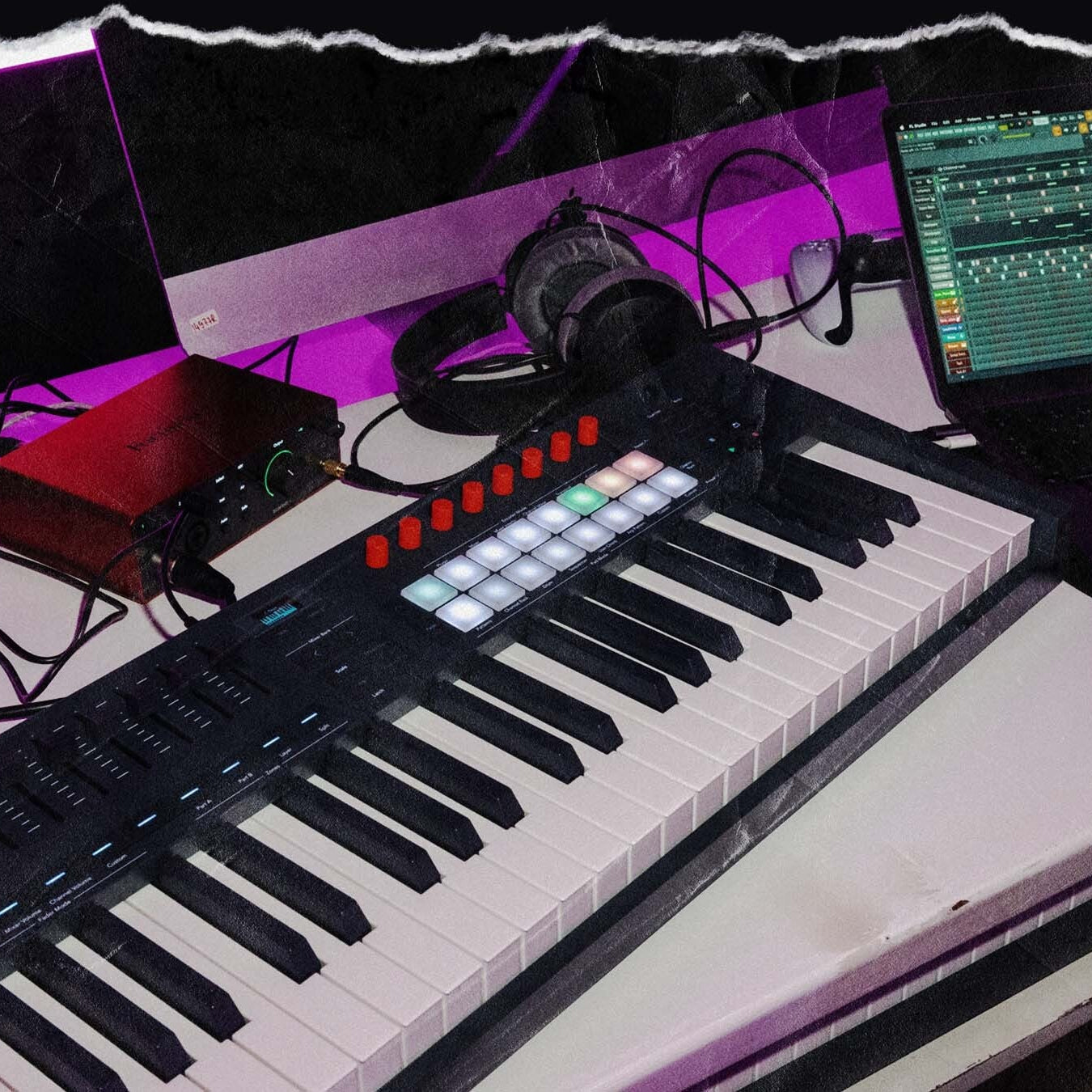 Novation FLkey 2 49 MIDI keyboard with 49 keys, showing its sleek design and control surface in a lifestyle setting.
