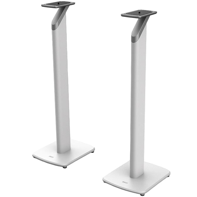 White KEF S1 speaker stands designed for KEF LSX speakers, showing sleek floor-standing support with a modern design.