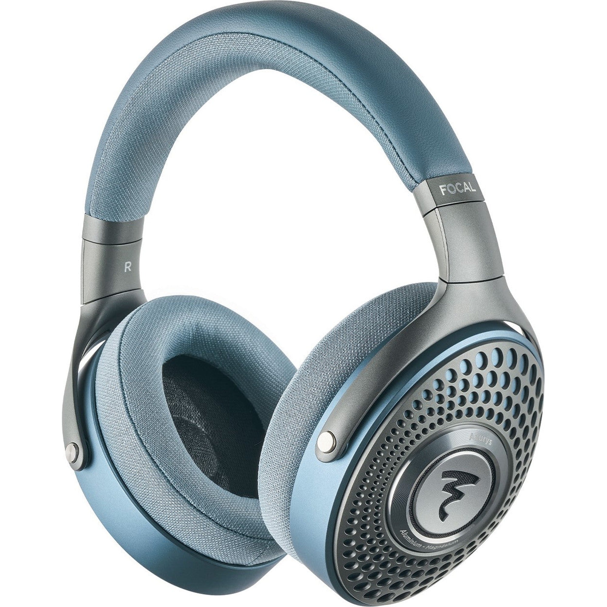 Focal Azurys wired headphones in blue with over-ear design and cushioned ear cups, showcasing sleek audio equipment.