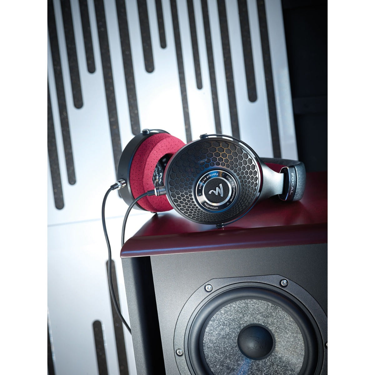 Focal Clear MG Professional open-back headphones, black, rear view.