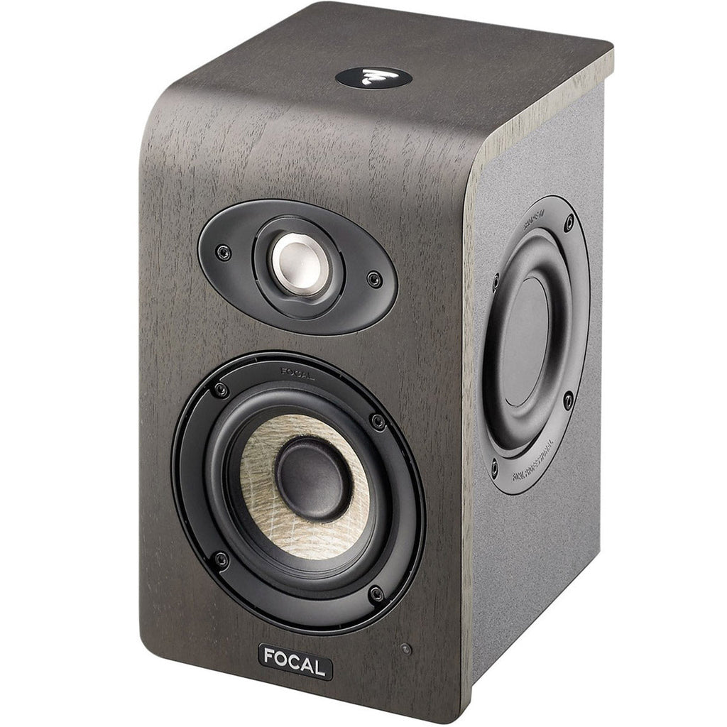 Focal Shape 40 active nearfield monitors showing sleek black speaker units with control panels on a studio desk.