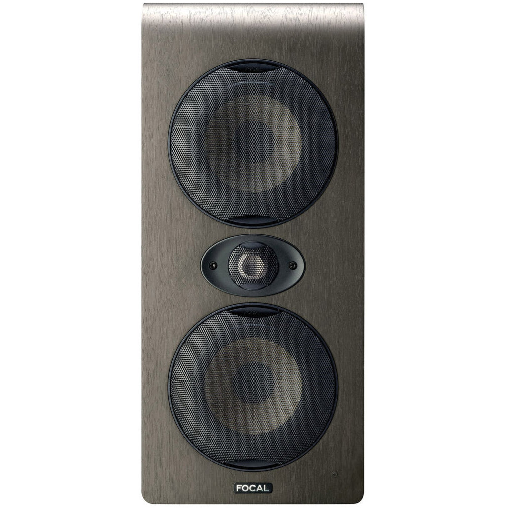 Focal Shape Twin mid-field and main monitors with sleek black design and dual speaker drivers for high-quality sound.
