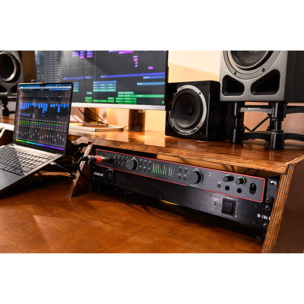 Focusrite Scarlett 18i20 4th Gen audio interface, lifestyle rack-mounted in studio