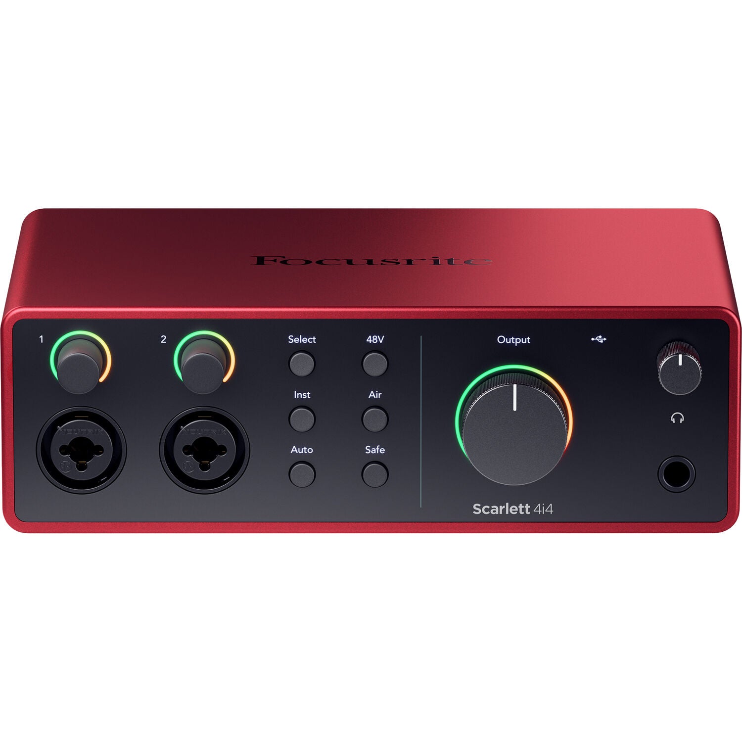 Focusrite Scarlett 4i4 4th Gen audio interface, controls detail, black