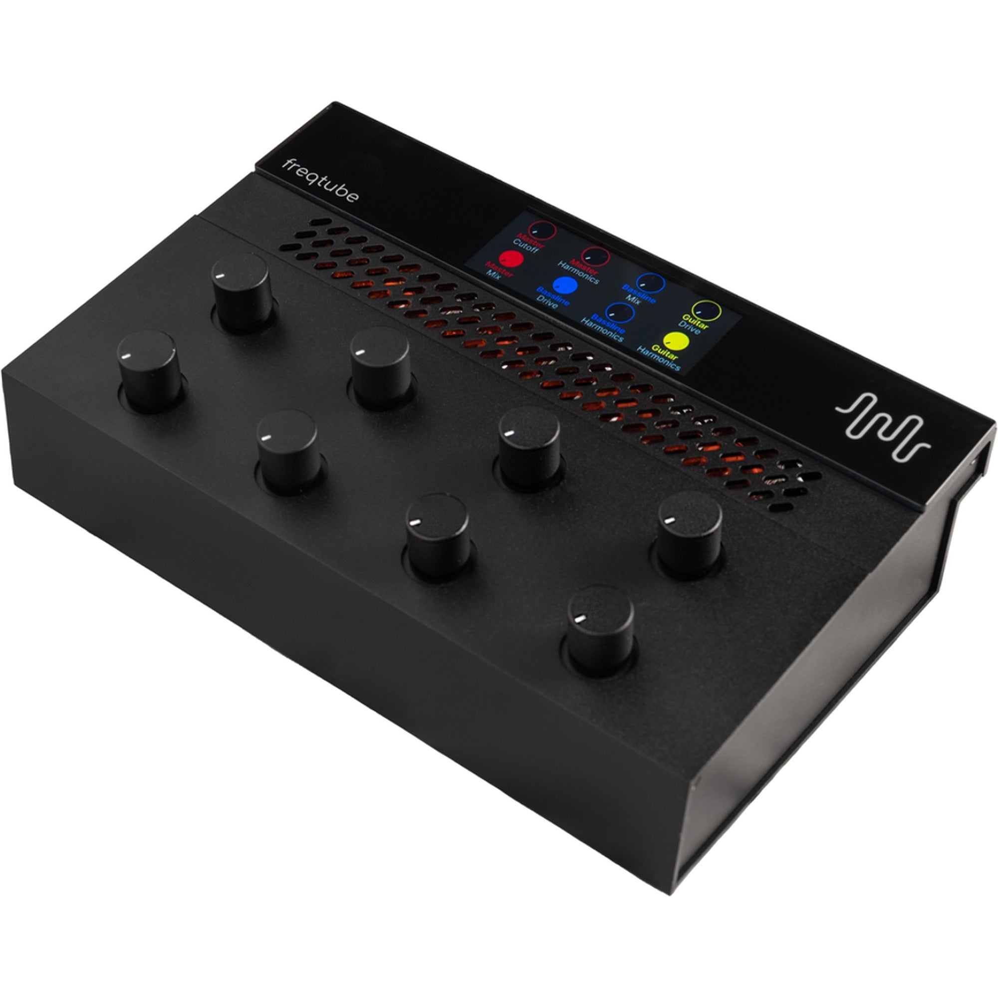 Freqport FreqTube FT1 effects pedal with controls, connected cables, and sleek black design for guitar effects and sound modulation.