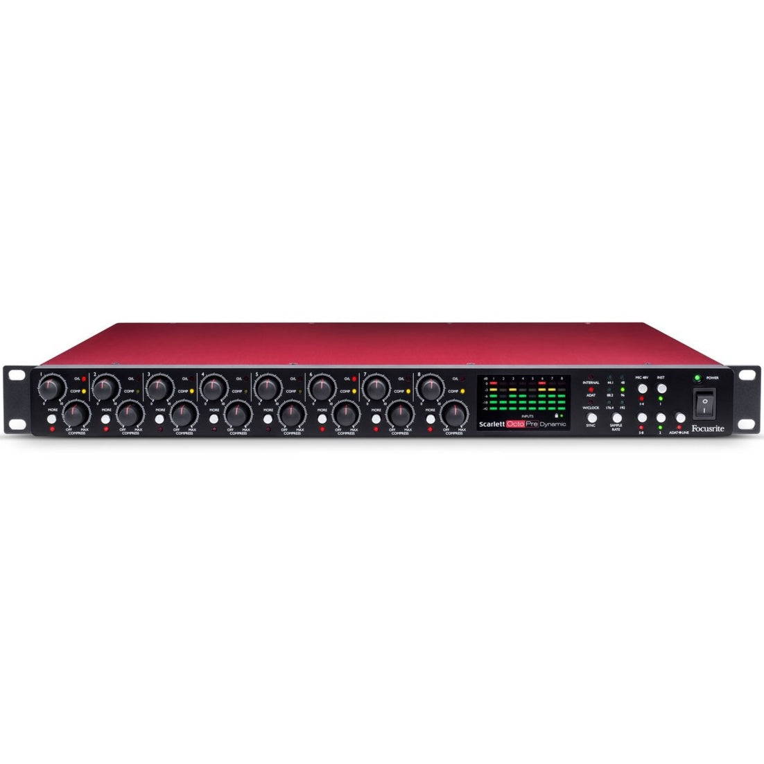 Focusrite Scarlett OctoPre Dynamic microphone preamp unit with multiple input channels and control knobs.