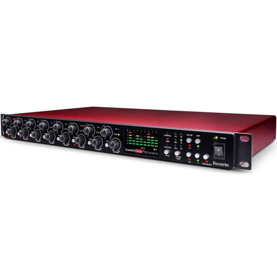Focusrite Scarlett OctoPre Dynamic microphone preamp unit with multiple input channels and control knobs.