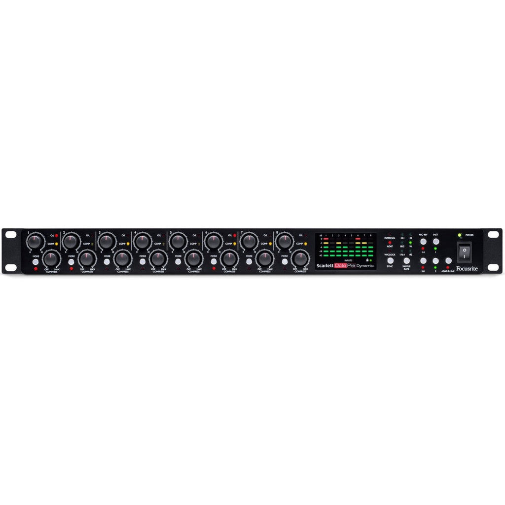 Focusrite Scarlett OctoPre Dynamic microphone preamp rack unit with multiple input channels and control knobs.