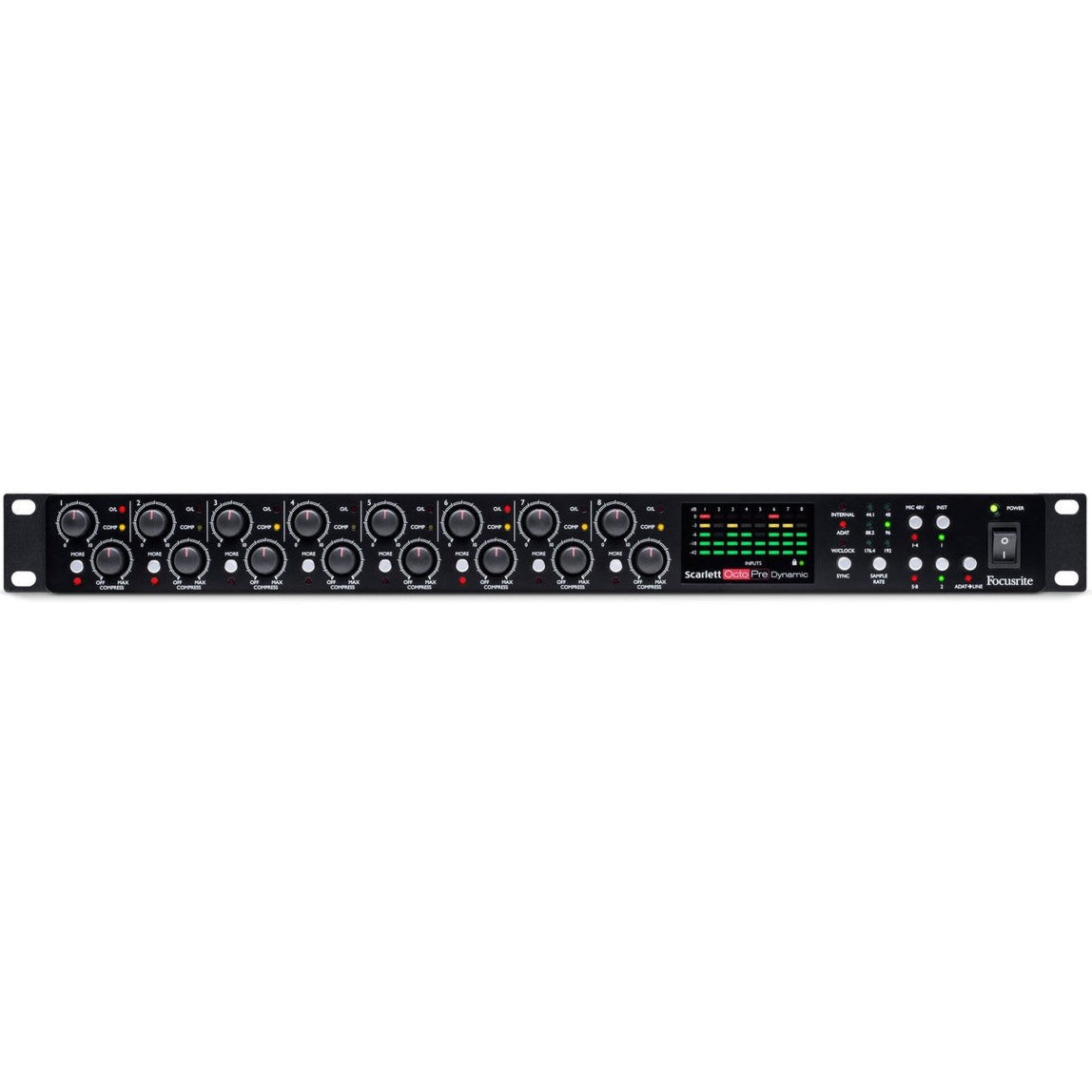 Focusrite Scarlett OctoPre Dynamic microphone preamp rack unit with multiple input channels and control knobs.