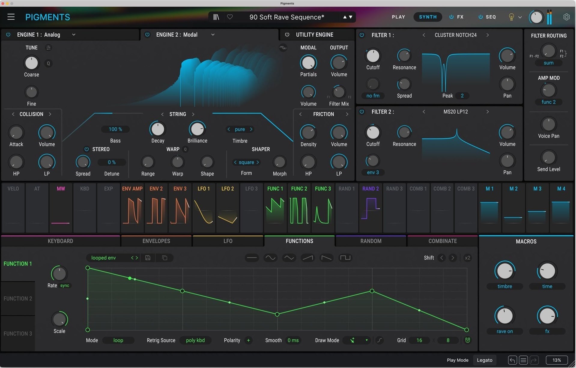 Arturia Pigments 6 music production software interface showing various synthesis and modulation functions on a digital screen.