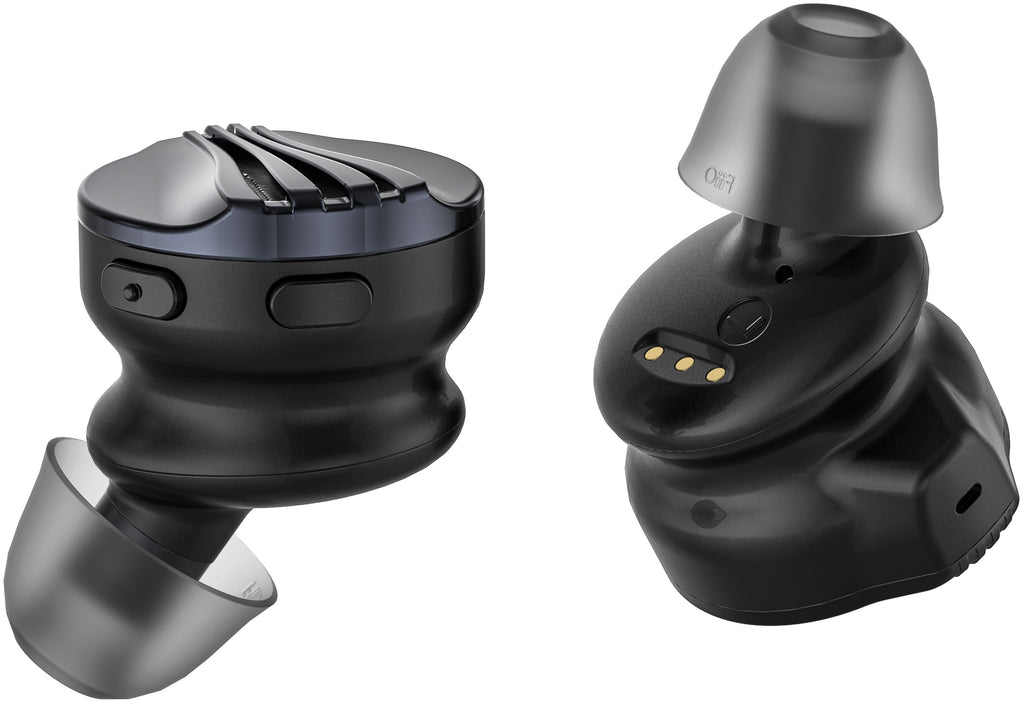 FiiO FW5 wireless in-ear headphones with sleek black design and ergonomic earbuds, shown in a close-up shot.