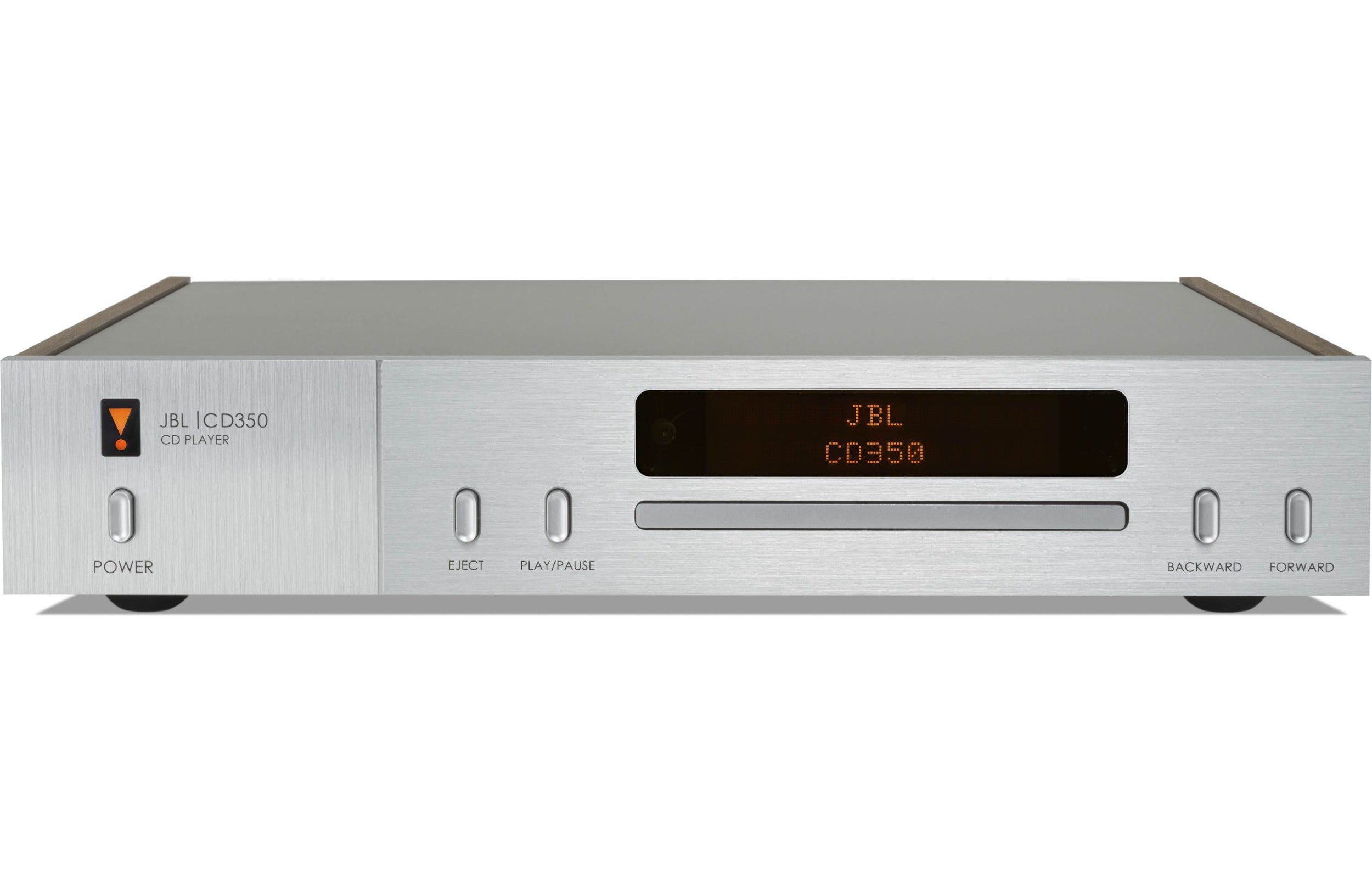 JBL CD350 Classic CD player with a sleek design, featuring a digital display and control buttons on top.