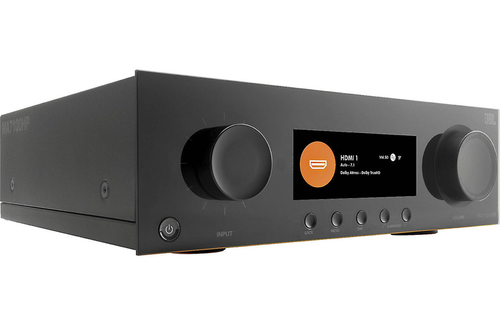 JBL MA7100HP stereo amplifier with black front panel and control knobs, showcasing its sleek design and input connections.