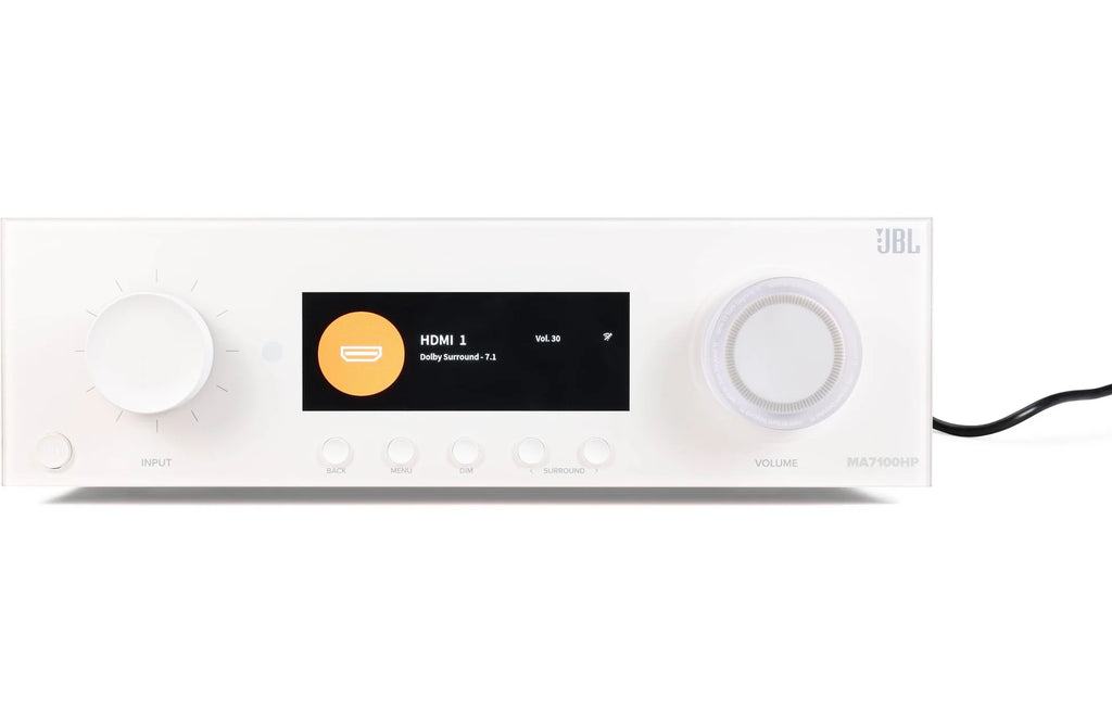 JBL MA7100HP stereo amplifier with black metal casing and control knobs, designed for high-performance audio systems.
