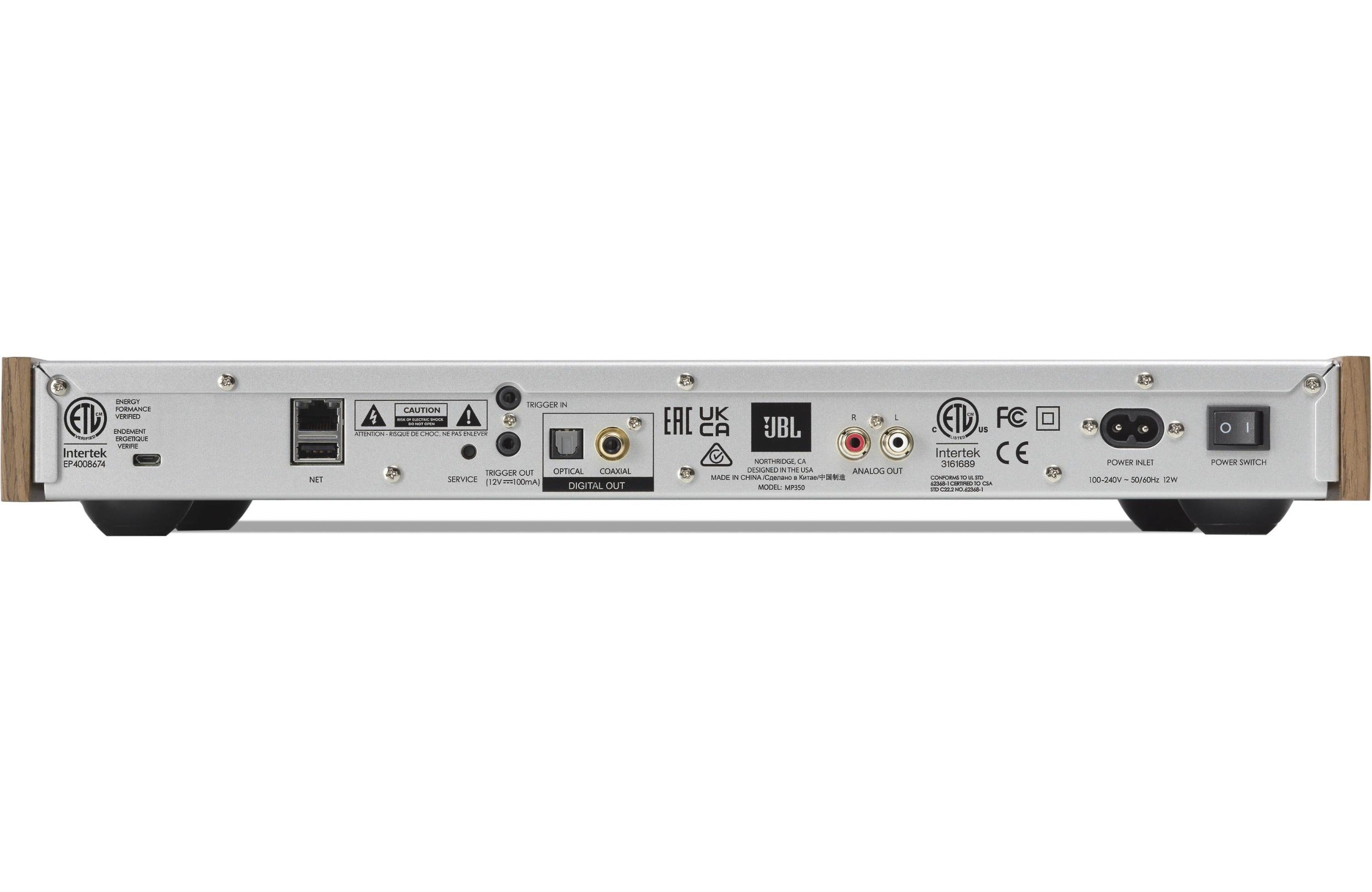 JBL MP350 Classic music streamer with black and white design, compact device with control buttons and input ports.