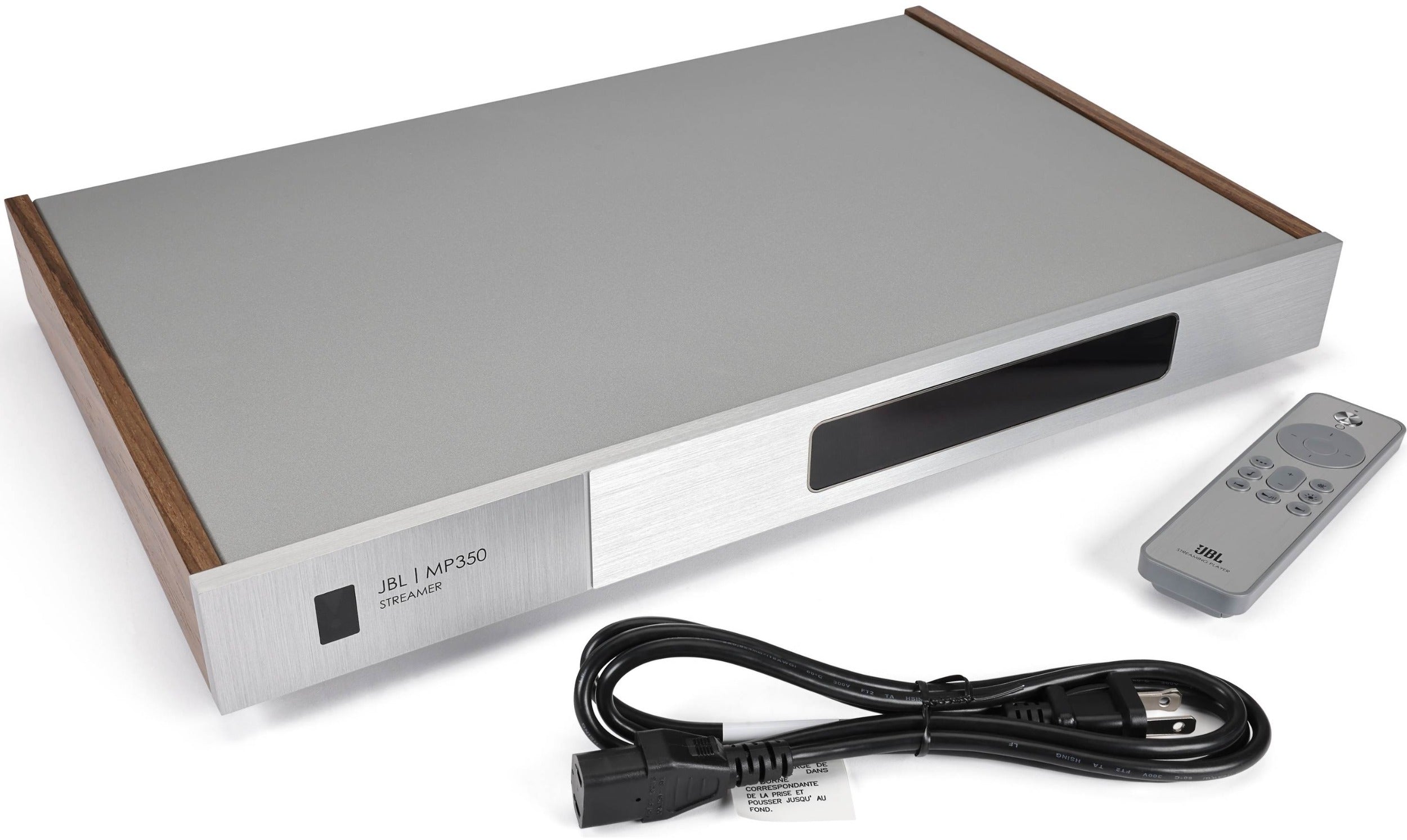 JBL MP350 Classic music streamer with sleek white design, showcasing its front panel and connectivity ports.