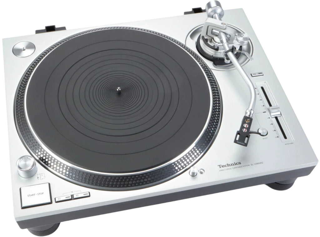 Technics SL-1200GR2 turntable with brushed black finish, tonearm and platter visible, showcasing high-quality audio equipment.