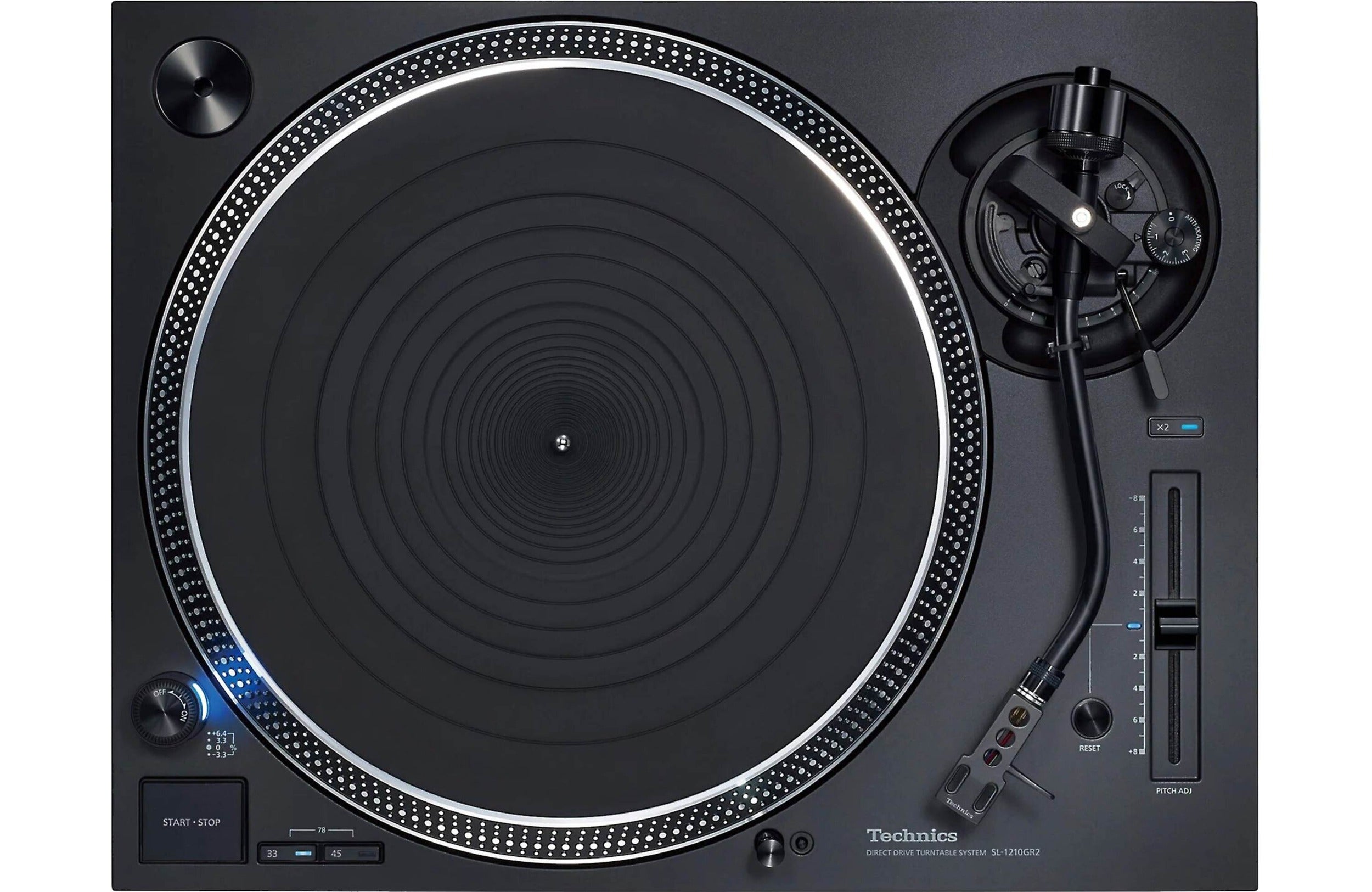 Technics SL-1210GR2 turntable with black matte finish, tonearm and platter, ideal for high-quality vinyl listening and DJ use