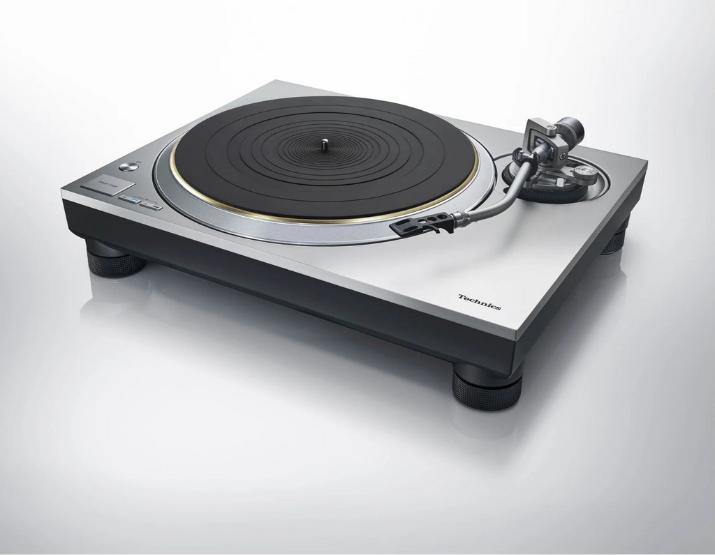 Technics SL-1300G turntable with a sleek black finish, featuring a tonearm and platter for high-quality vinyl playback.