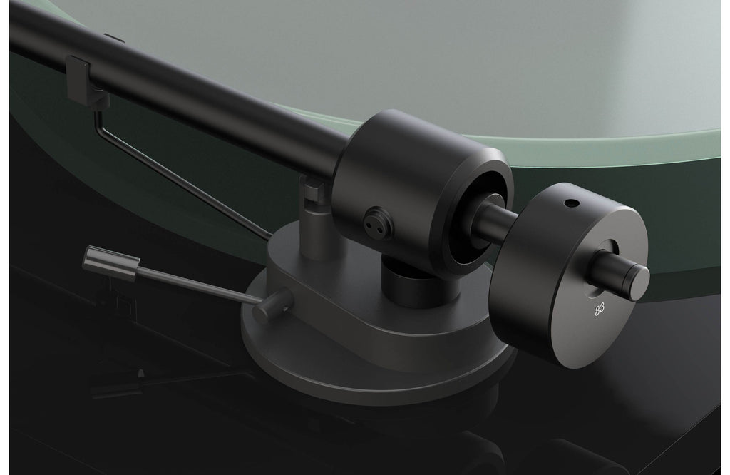 Pro-Ject T1 EVO turntable with sleek design, featuring a wooden plinth and tonearm, shown from a side angle.