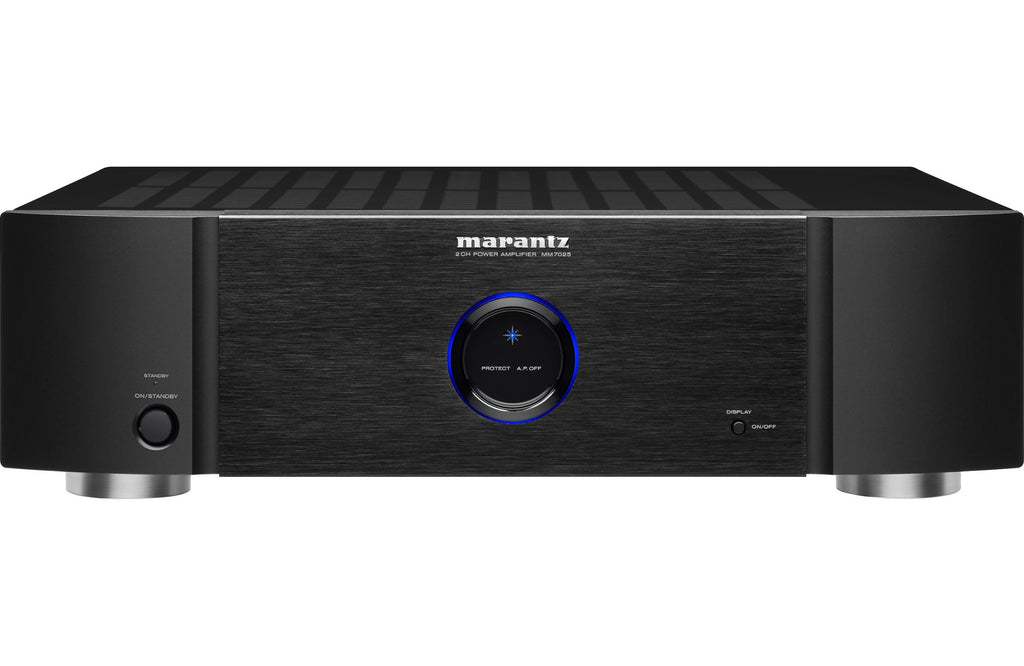 Marantz MM7025 stereo amplifier with dual channels and sleek black design, featuring control knobs and input ports visible.