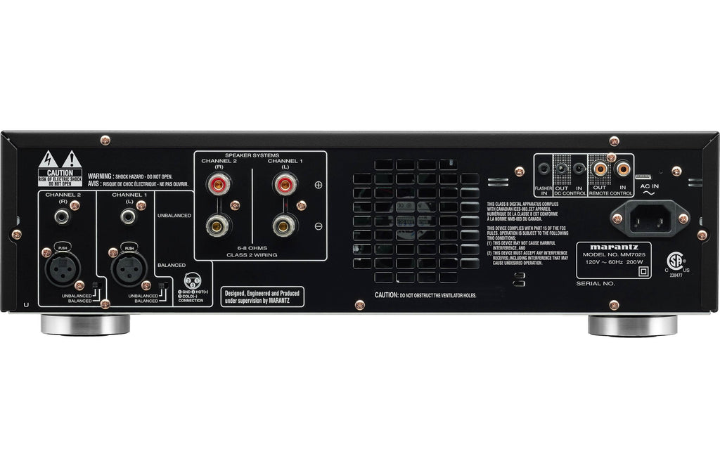 Marantz MM7025 stereo amplifier with dual channels and silver finish, featuring control knobs and input ports on the front panel.