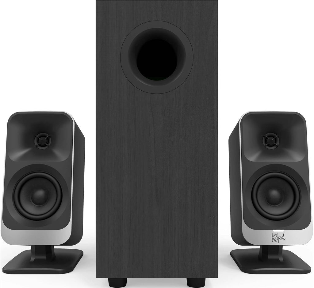 Klipsch ProMedia Lumina desktop speakers with black finish and modern design, featuring compact speaker units and control knobs.