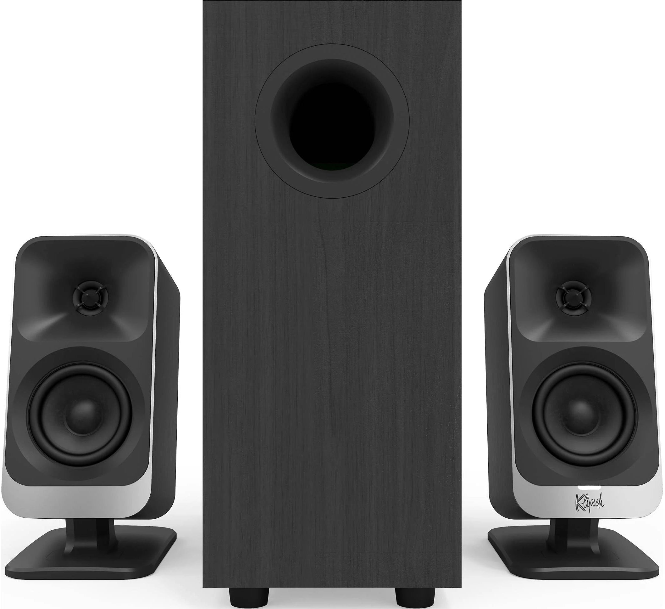 Klipsch ProMedia Lumina desktop speakers with black finish and modern design, featuring compact speaker units and control knobs.