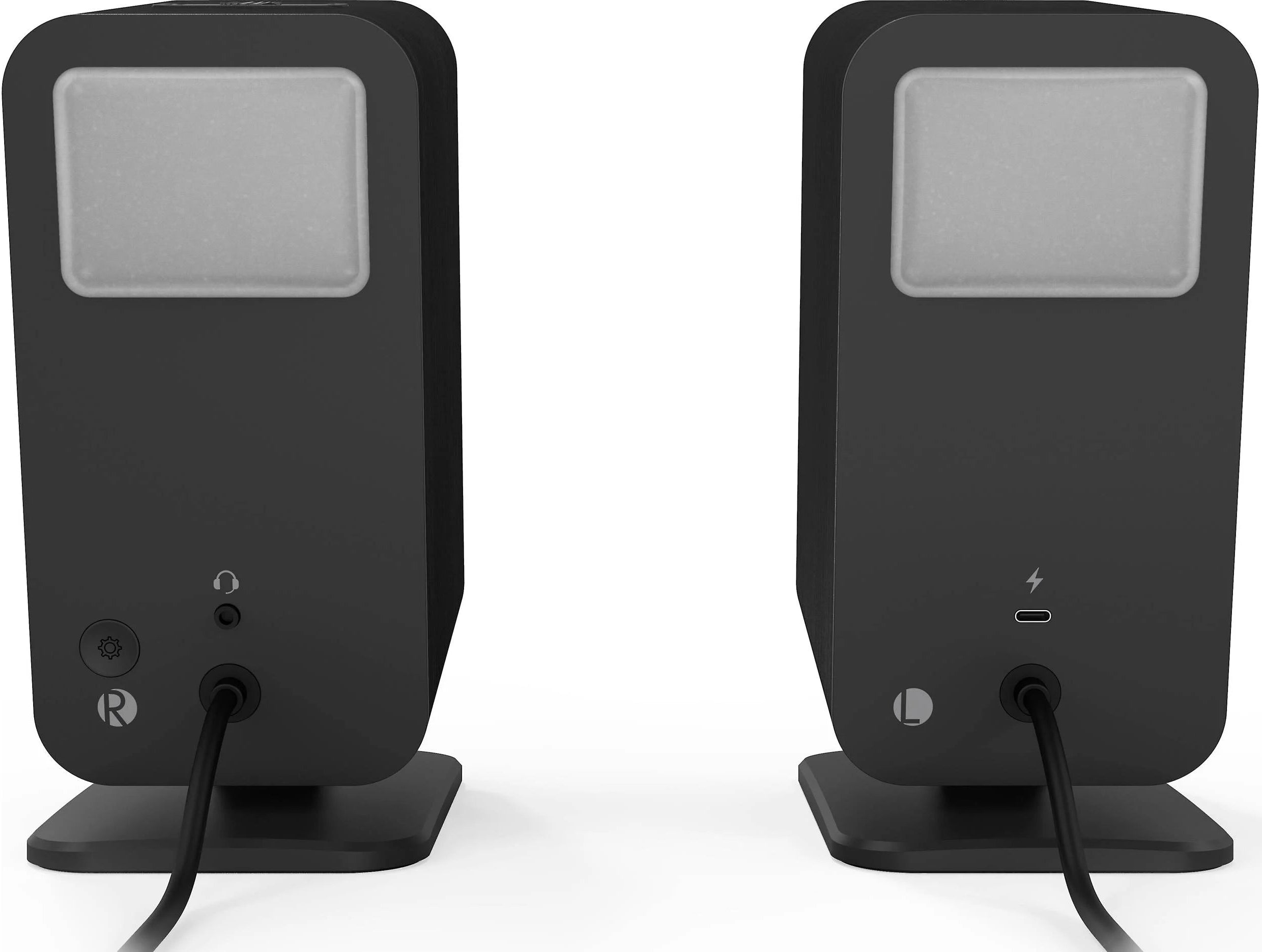 Klipsch ProMedia Lumina desktop speakers with sleek black design and modern controls on a computer desk setup.