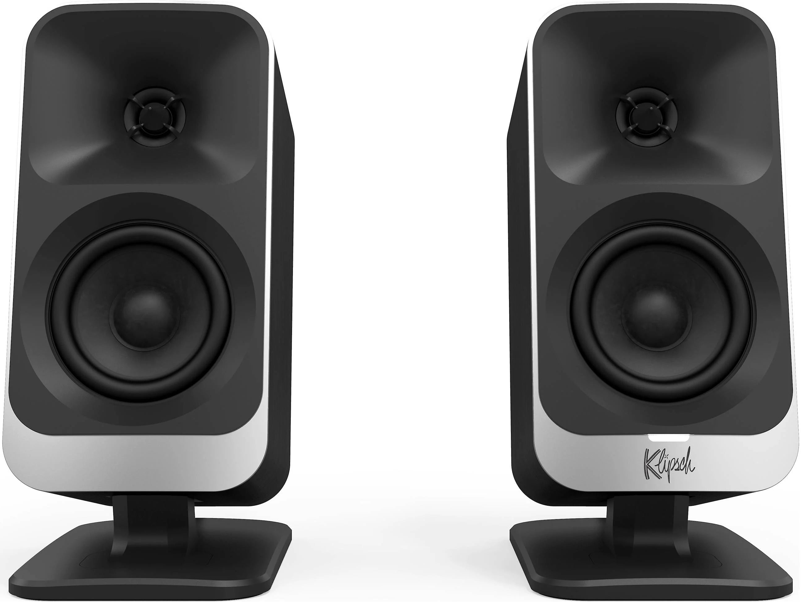 Klipsch ProMedia Lumina desktop speakers shown with sleek black design and compact size for high-quality audio.