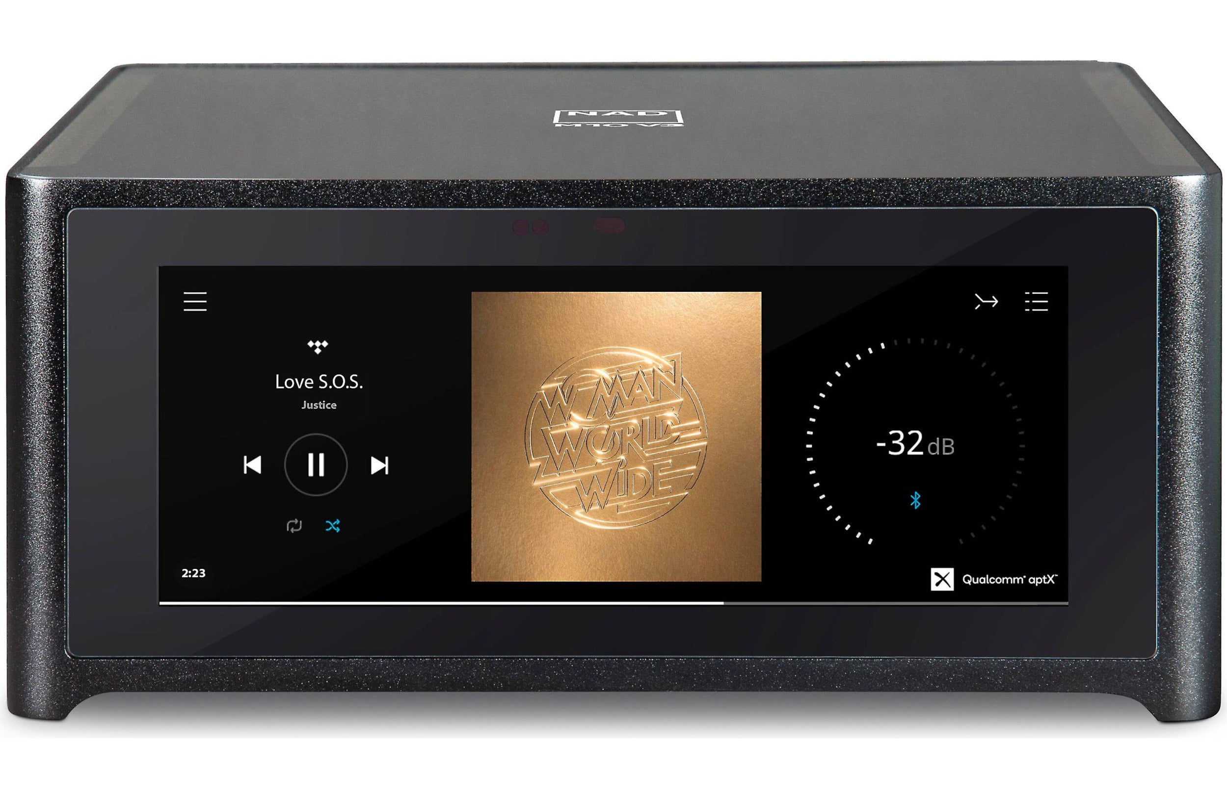 NAD M10 V3 stereo amplifier showcasing a sleek black design with control knobs and digital display on the front panel.