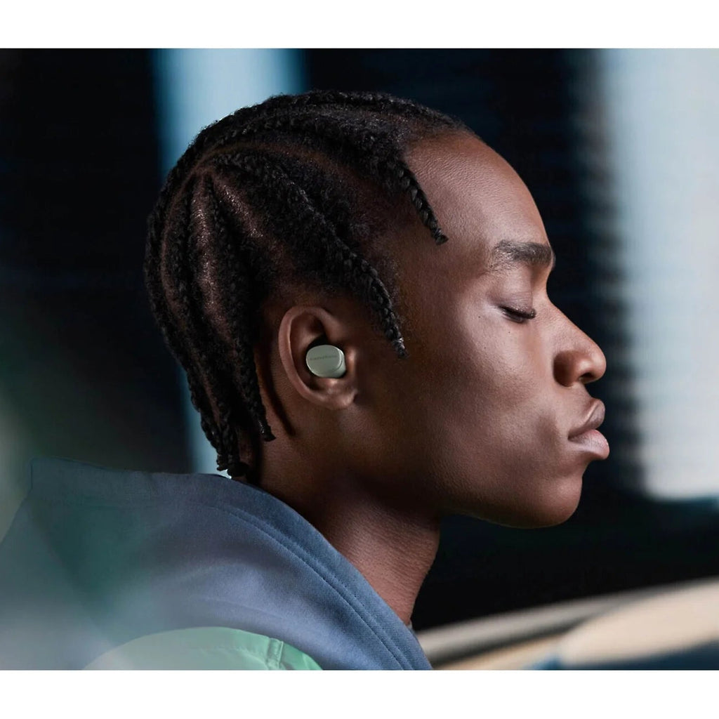 Bowers & Wilkins Pi6 wireless in-ear headphones with sleek black earbuds and compact charging case on a white background.