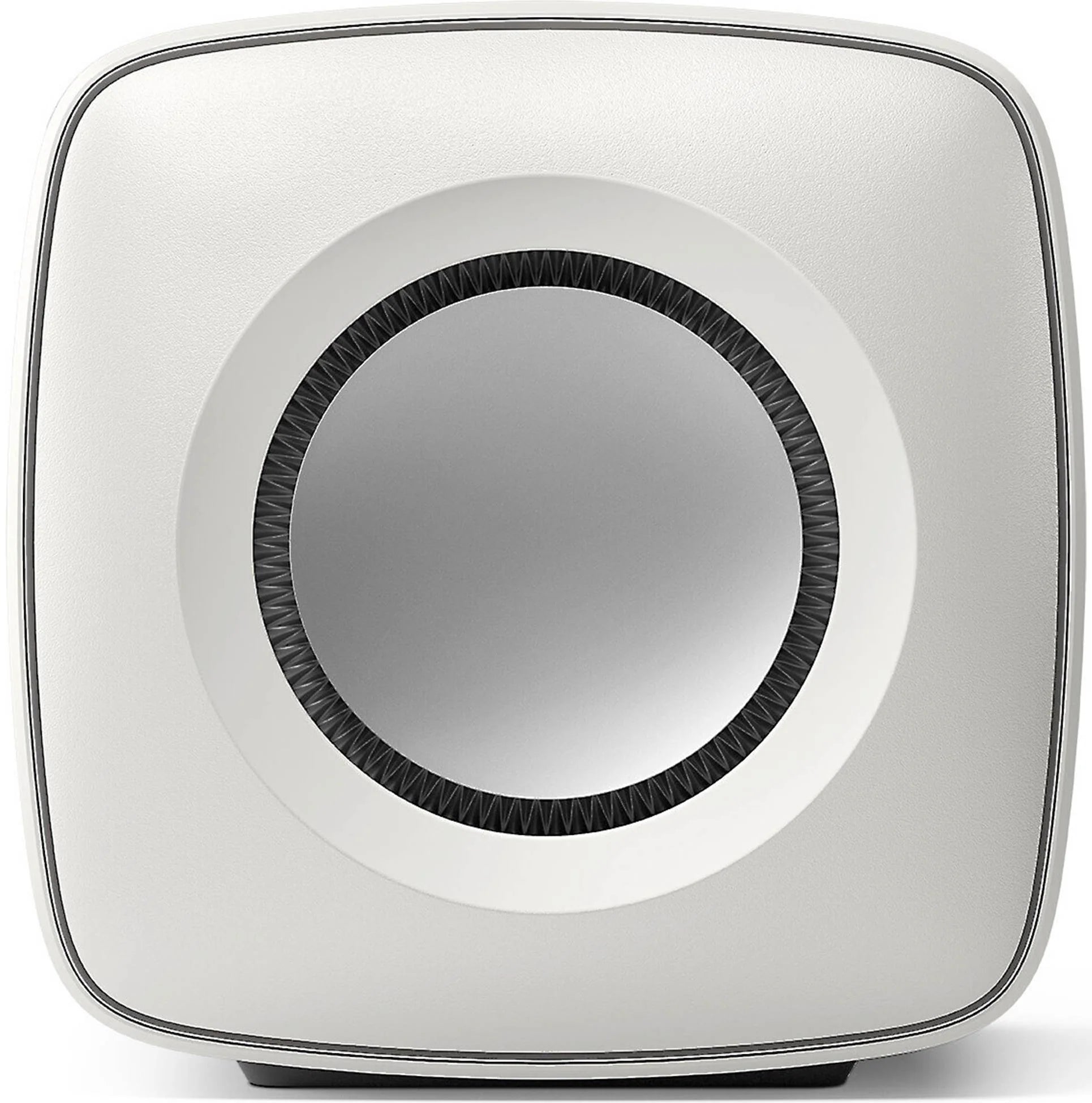 KEF KC62 subwoofer with sleek black enclosure and front-facing port, designed for powerful bass in home audio systems.