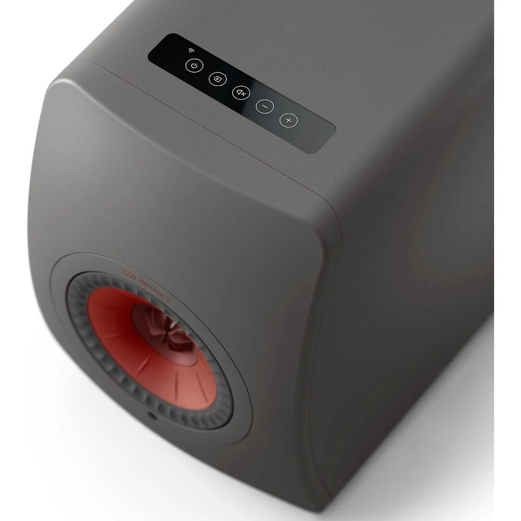 KEF LS50 Wireless II wireless speakers with sleek black cabinets and modern design, shown from a front angle.
