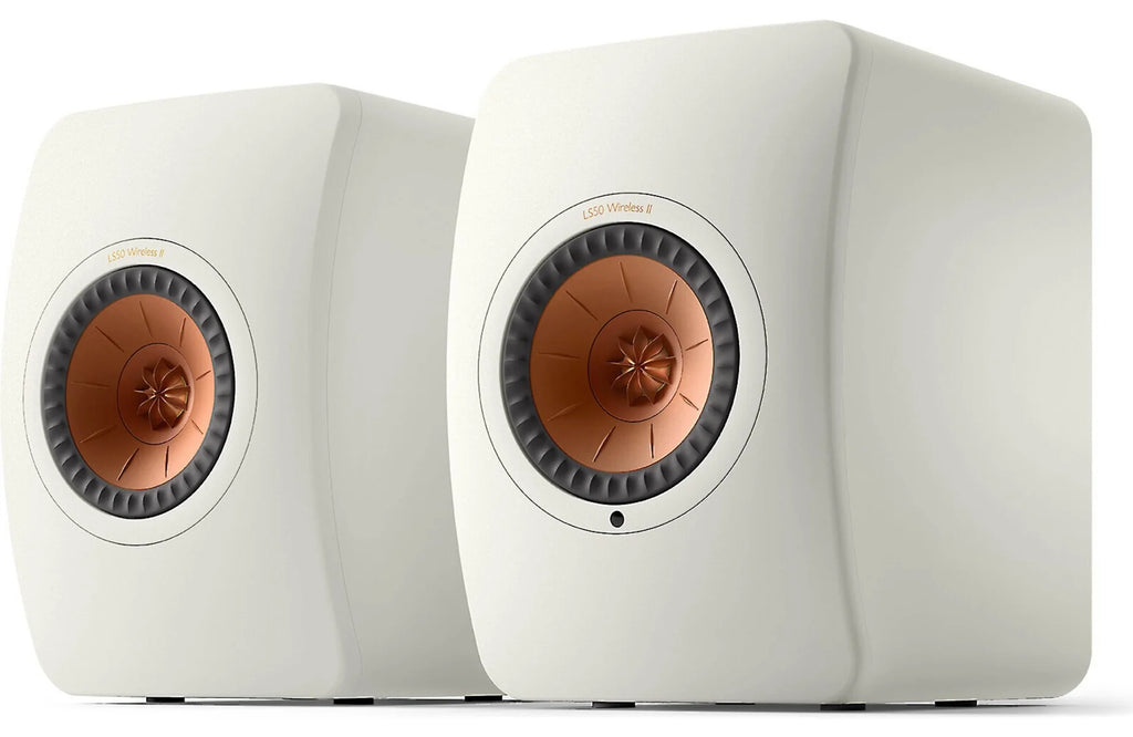 KEF LS50 Wireless II wireless speakers with sleek black finish and modern design, featuring dual drivers and minimalist look.