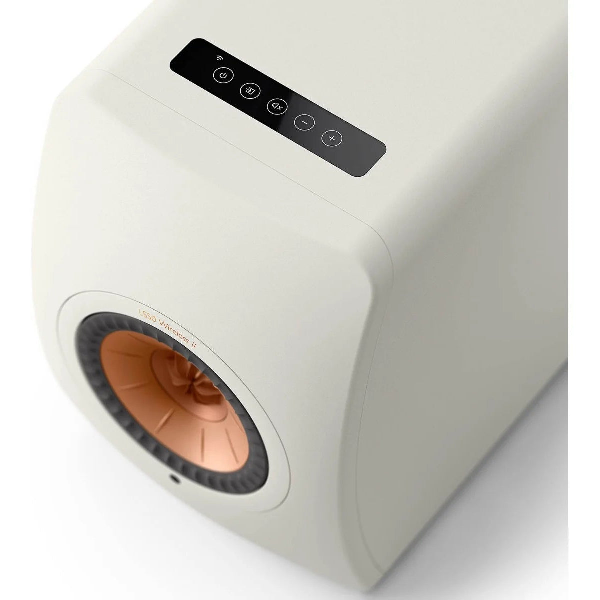 KEF LS50 Wireless II wireless speakers with sleek black design, featuring drivers and control panel, on a white background.
