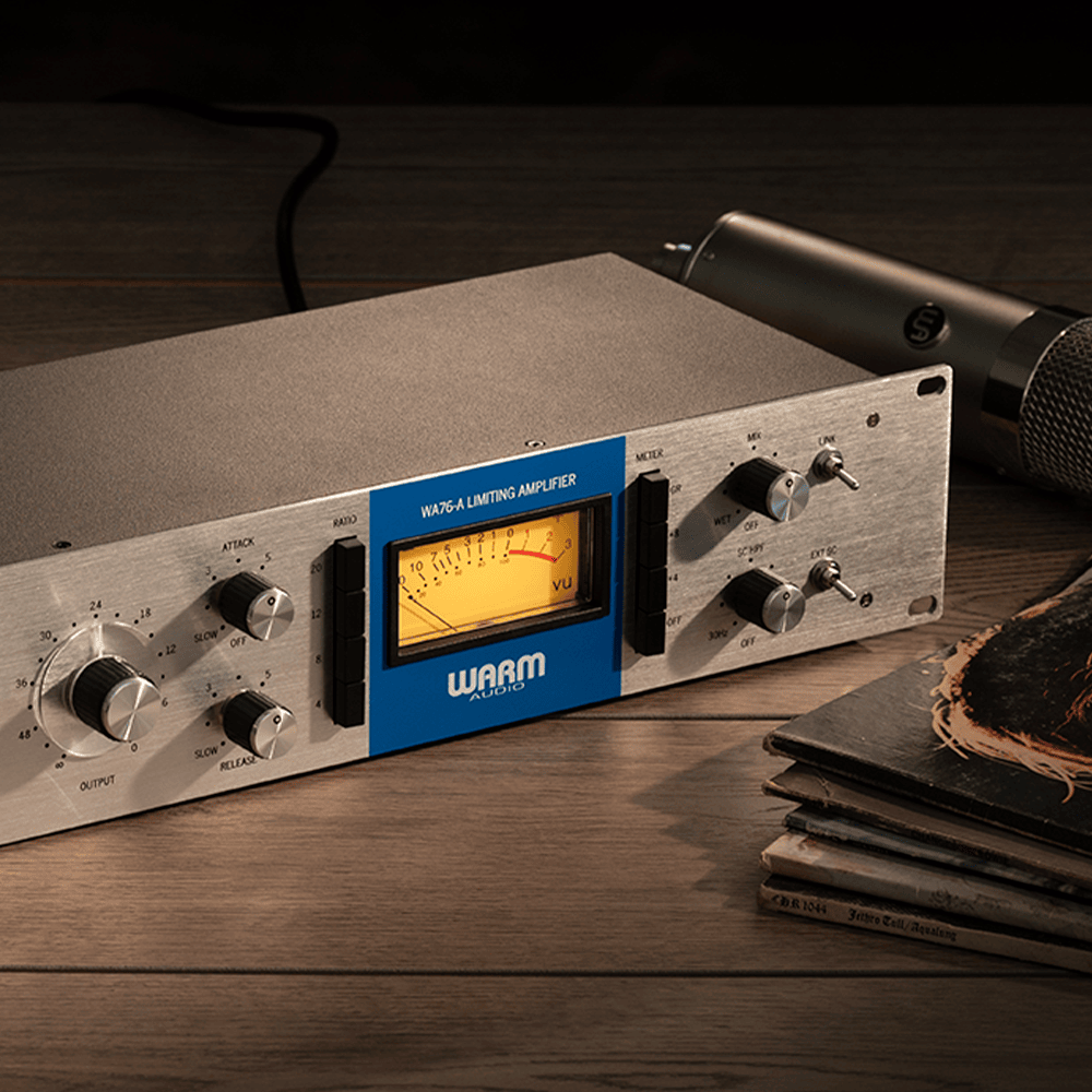 Warm Audio WA76-A effects and accessories unit, featuring vintage-style control knobs and professional audio processing hardware.