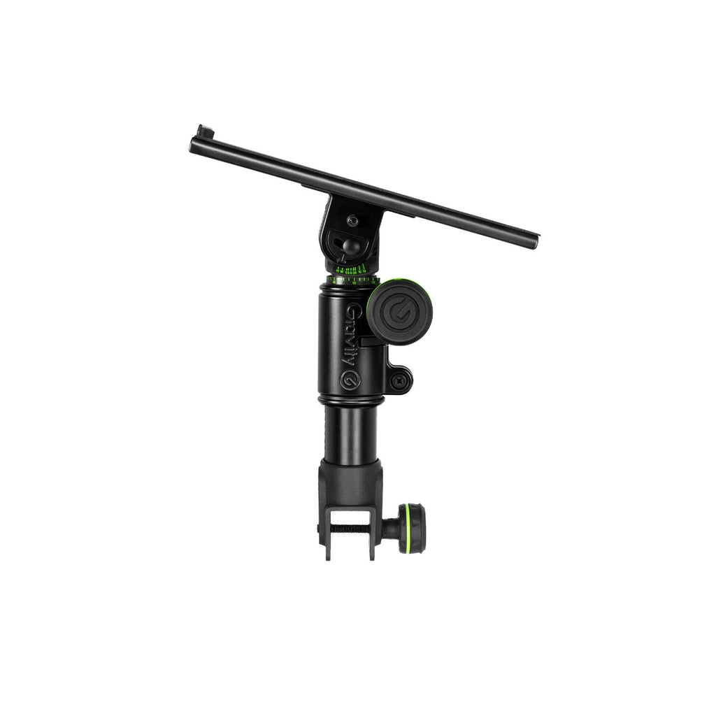 Gravity FT 01 MT B speaker stands shown with black metal construction and adjustable height for audio equipment.