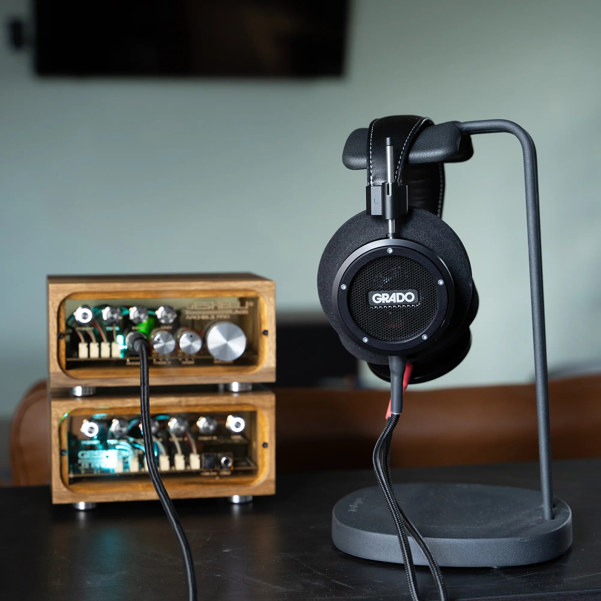 Wired Grado Signature S750 headphones with over-ear design, featuring black ear cups and a sleek cable for high-quality audio.