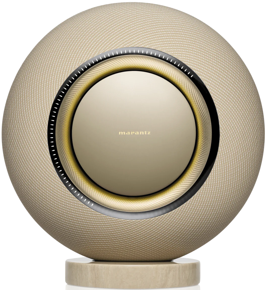 Marantz Horizon Grand wireless speakers in champagne finish with sleek modern design and premium audio components.