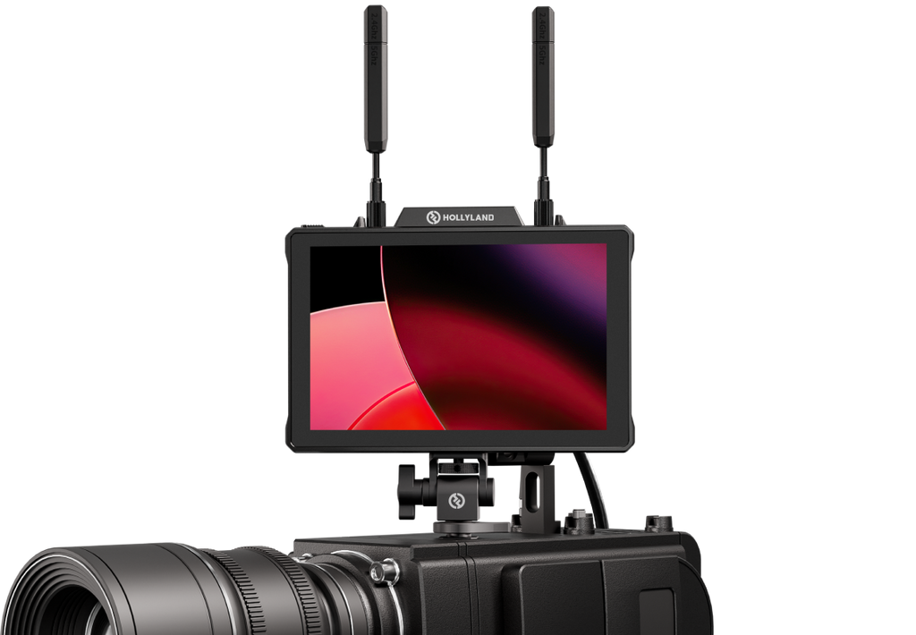 Hollyland Pyro 7 video monitor displaying multiple screens with detailed interface and controls, used for professional video production.